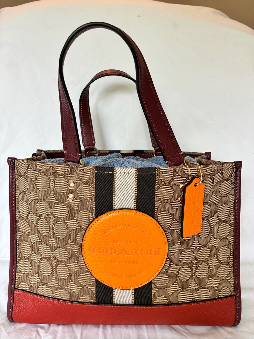 Coach Signature Canvas Satchel with Orange Patch and Burgundy Trim